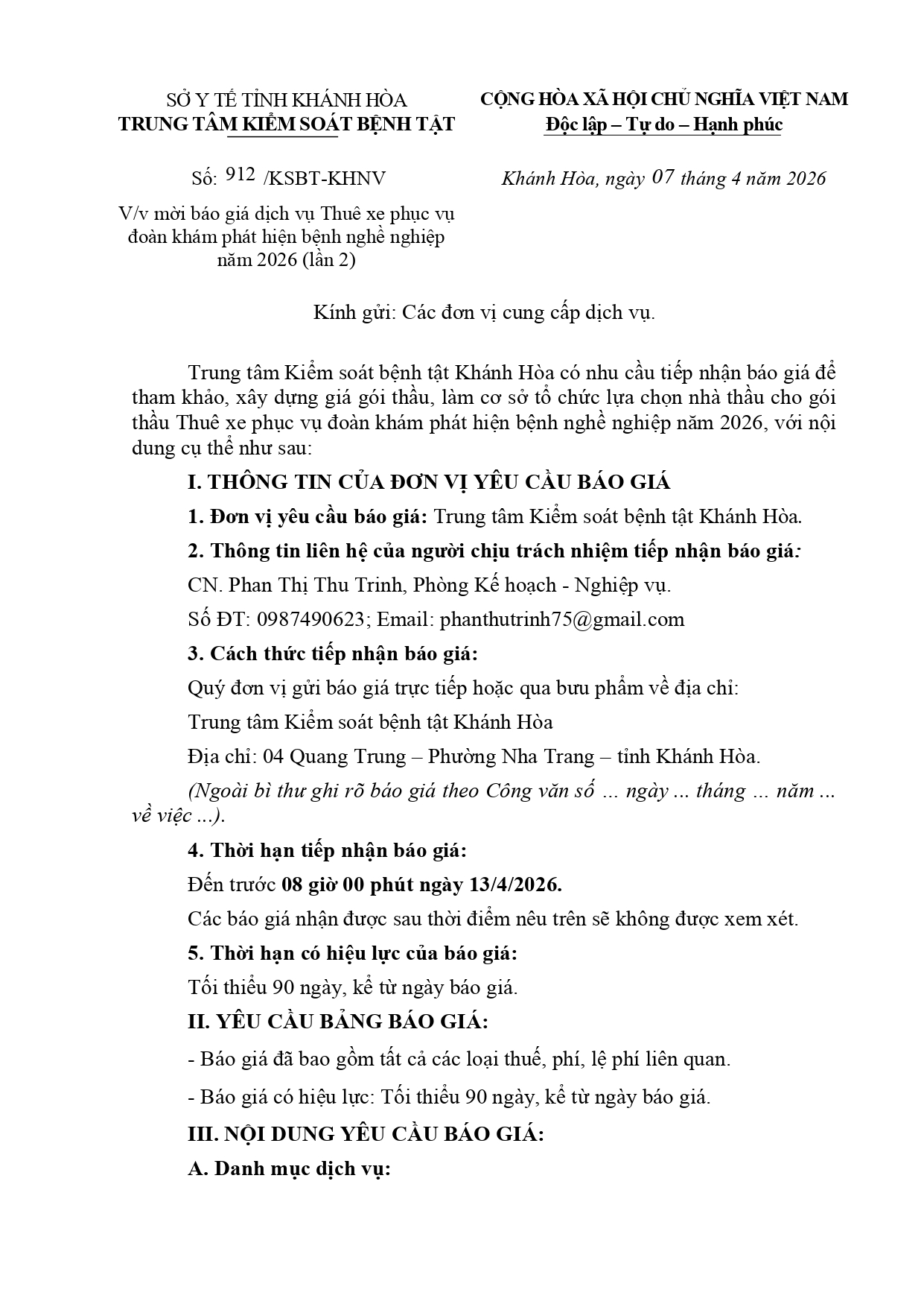 V/v mời báo giá dịch vụ Thuê xe phục vụ đoàn khám phát hiện bệnh nghề nghiệp năm 2026 (lần 2)
